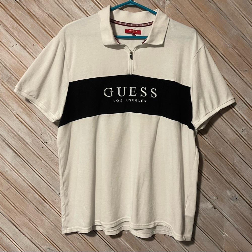 Guess embroidered v neck 3/4 zipper collar polo shirt white cuffed sleeve stripe
